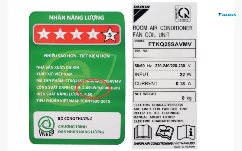 Máy lạnh Daikin Inverter 1HP tiêu thụ 2.65kW trong 1 giờ sử dụng